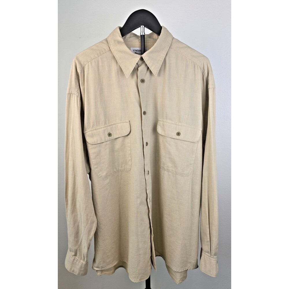 Vintage CLAIBORNE Mens Button-Up Micro-Stripe Tan Beige Long-Sleeve Shirt SZ 2XL